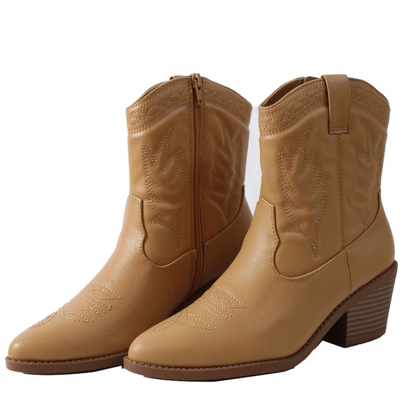 Shoes - Blond Faux Leather Cowboy Pull On Mid Calf Boot